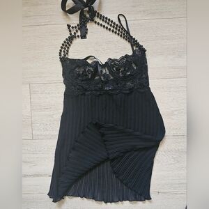 Dreamgirl Black Lace Halter Babydoll with Pleated Mesh Skirt and beaded straps —